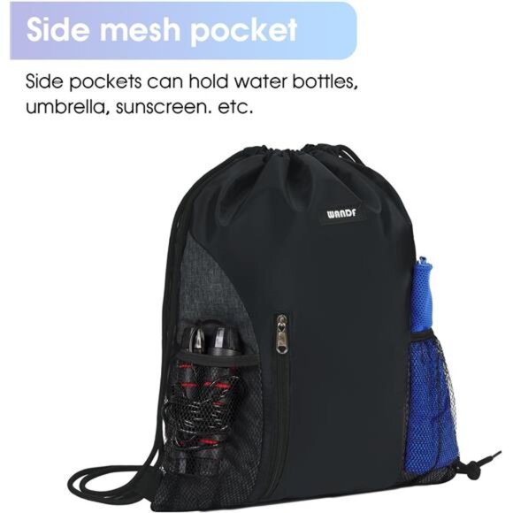 Drawstring Backpack Gym Sackpack with Mesh Pockets Water Resistant String Bag - Picture 4 of 7